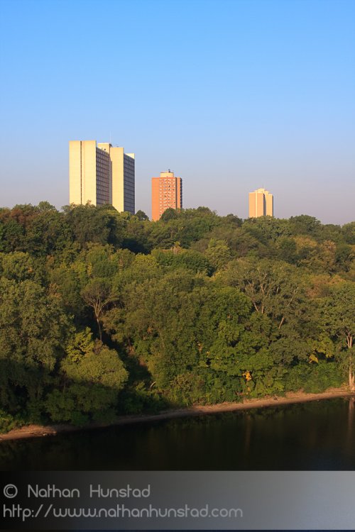 Several buildings in Minneapolis across the Mississippi River.